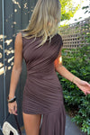 Brown High Neck Ruched Draped Mini Dress TEST 22