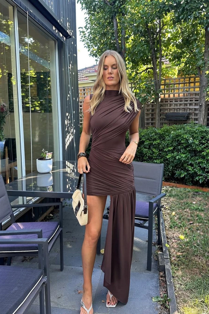 Brown High Neck Ruched Draped Mini Dress TEST 22