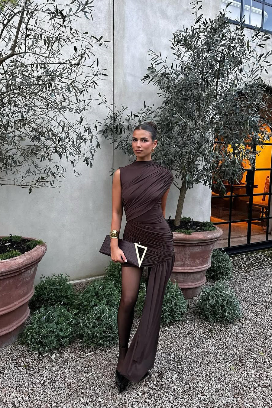 Brown High Neck Ruched Draped Mini Dress TEST 03